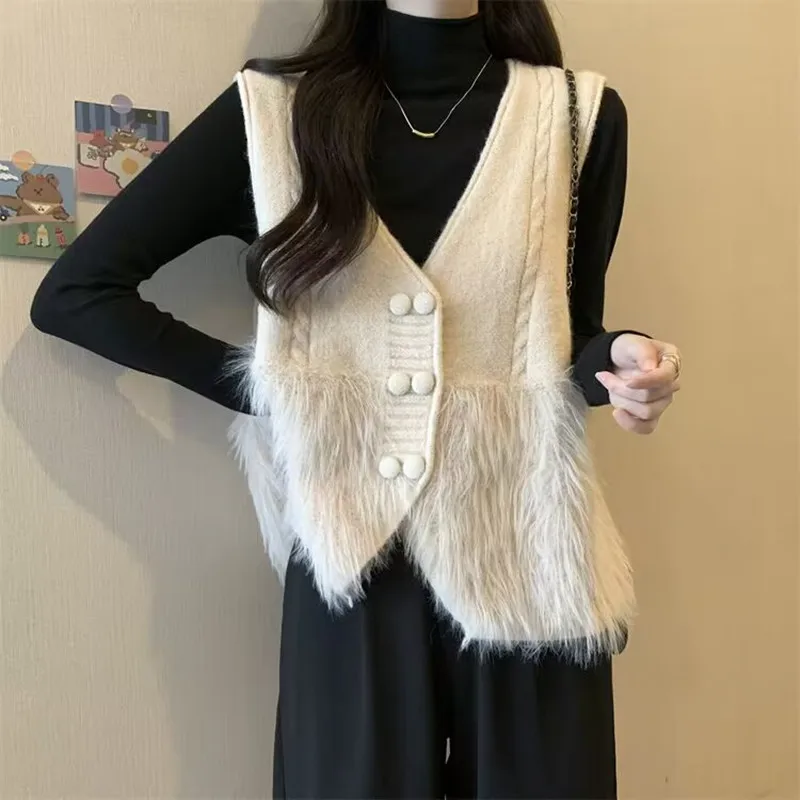 V-neck Knitted Vest Women New Spring Autumn Vintage Casual Sleeveless Sweater Female Korean Fashion Loose All-match Waistcoat