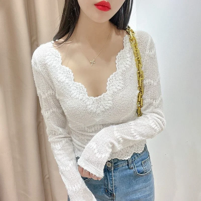 Deep V Neck Summer Lace Blouses 2024 Korean Fashion Clothes White Black Blusas Mujer Sexy Hollow Out Streetwear Long Sleeve Tops