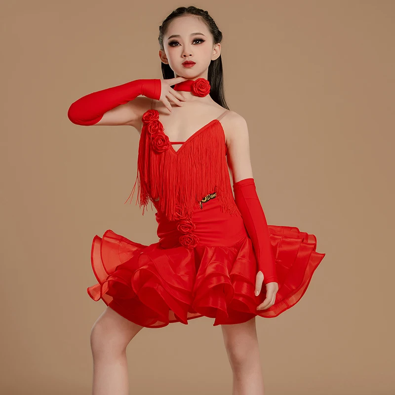 Ensemble de costume de performance à pompons pour enfants haut de gamme, costume d'entraînement pour filles de danse latine pour enfants