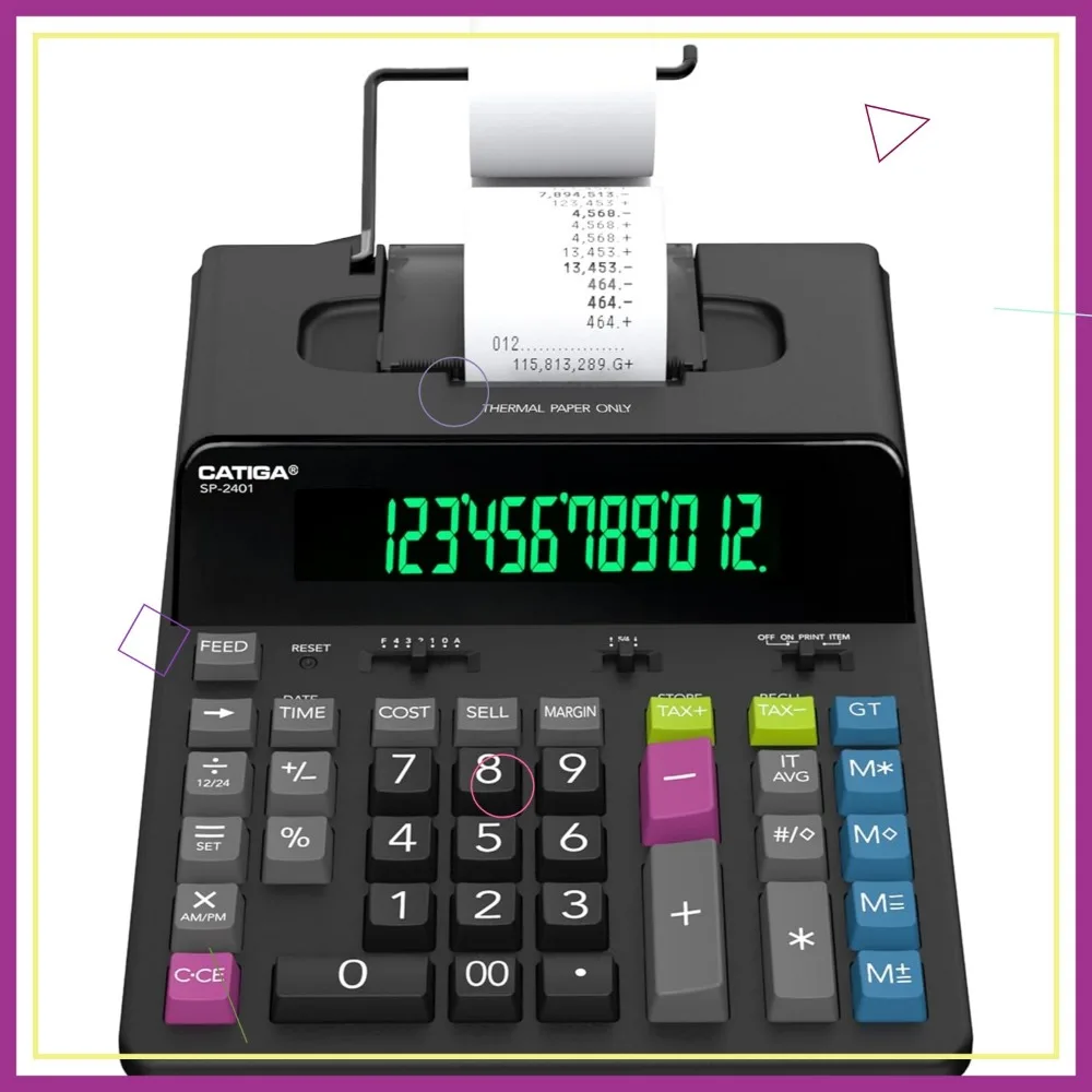 

12-значный калькулятор для термопечати с выходной лентой, без чернил, быстрый 8,0 л/с, большой дисплей, функция налога и календаря