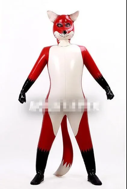 100% Latex Rubber Catsuit Bodysuit Fox double inflatable Mask Suit Masquerade Fetish