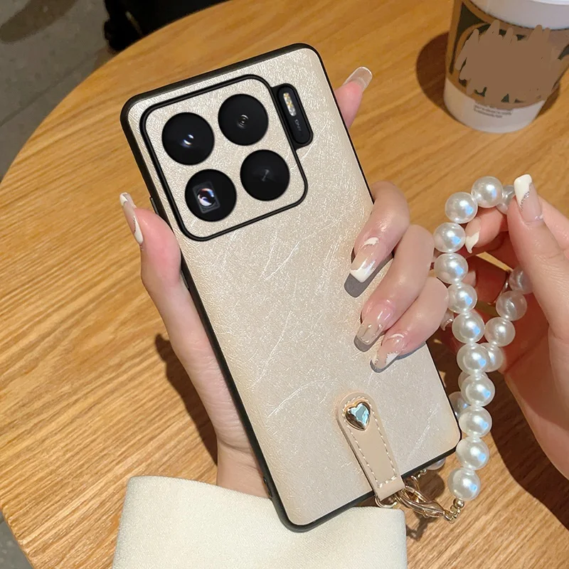 

Fashion Solid Color Phone Cover for Xiaomi 15S Pro 15 Ultra with Back Artificial Pearl Wrist Strap
