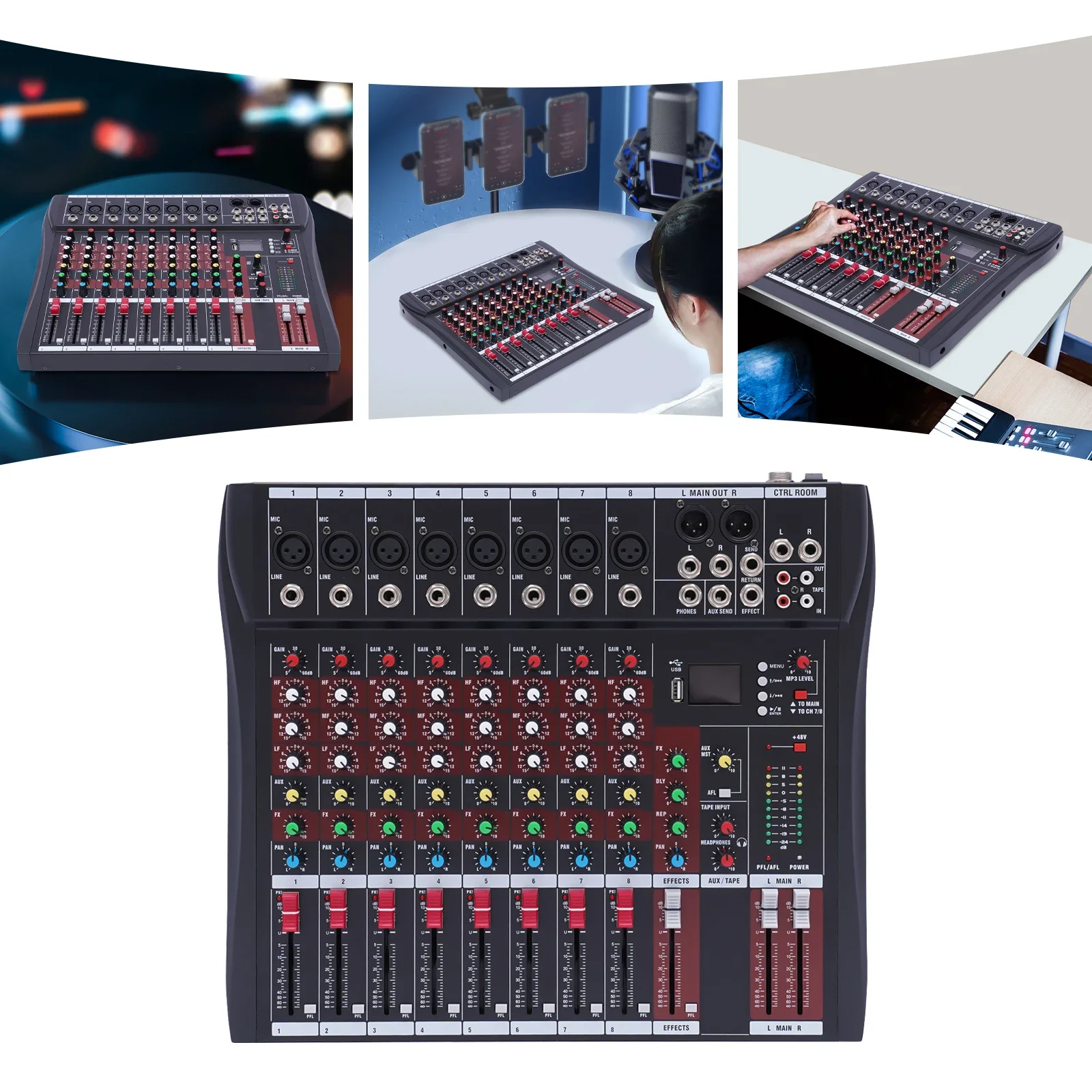 

Professional Soundboard Konsole 8-Kanal Tischsystem Digitale Schnittstelle USB Computer MP3 Eingang 48 V