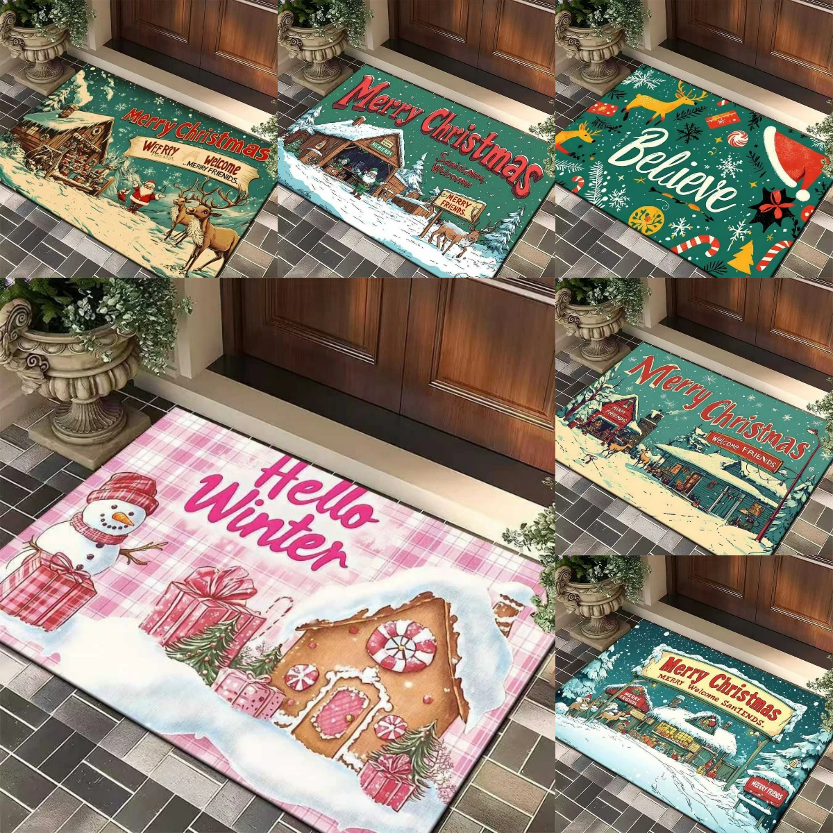 Winter Hello Pink Doormat Christmas Greeting Blue Entrance Rug Non Slip Floor Mat for Living Room Bedroom Balcony Holiday Decor