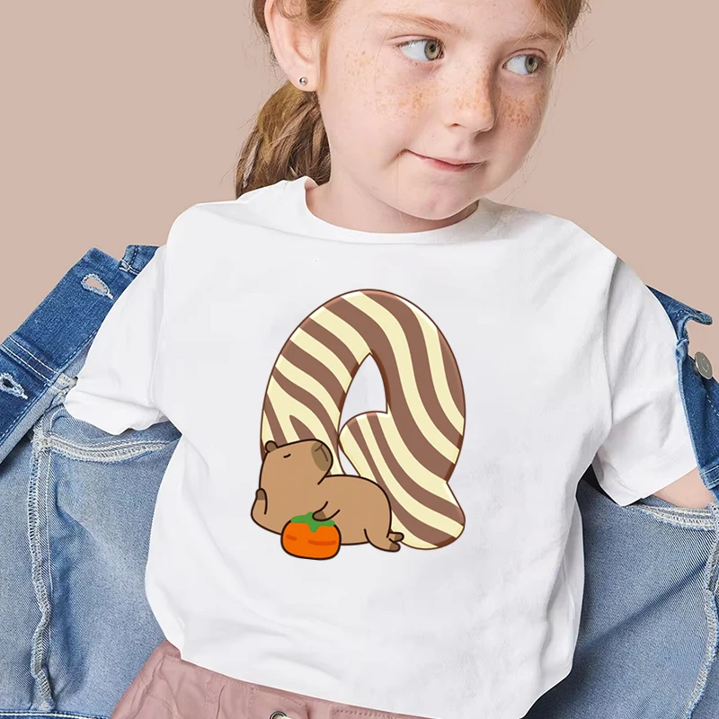 Kids Clothing Cartoon Capybara Letter A-Z Print T-Shirt Girls Boys Short Sleeve Cotton Tee Capybara Lover 26 Alphabet Y2K Tops
