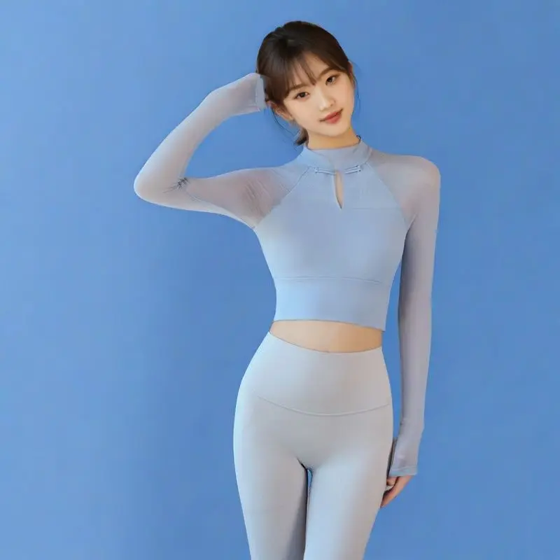 Long Sleeve Yoga Top Women's Fitness Training Shirt Pilates Sportswear Chinese Style Waist Cinching Short Length T-Shirt