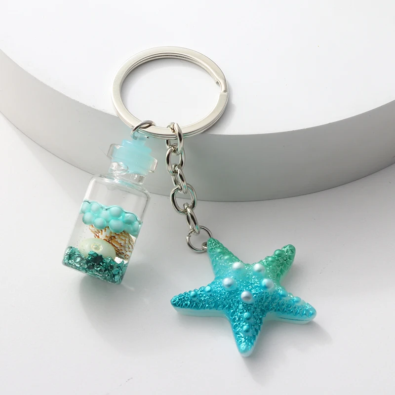 Pretty Resin Keychains Beautiful Starfish Glass Bottle Ocean Sea Key Rings For Women Girls Friend Good Gift Handmade Jewelry