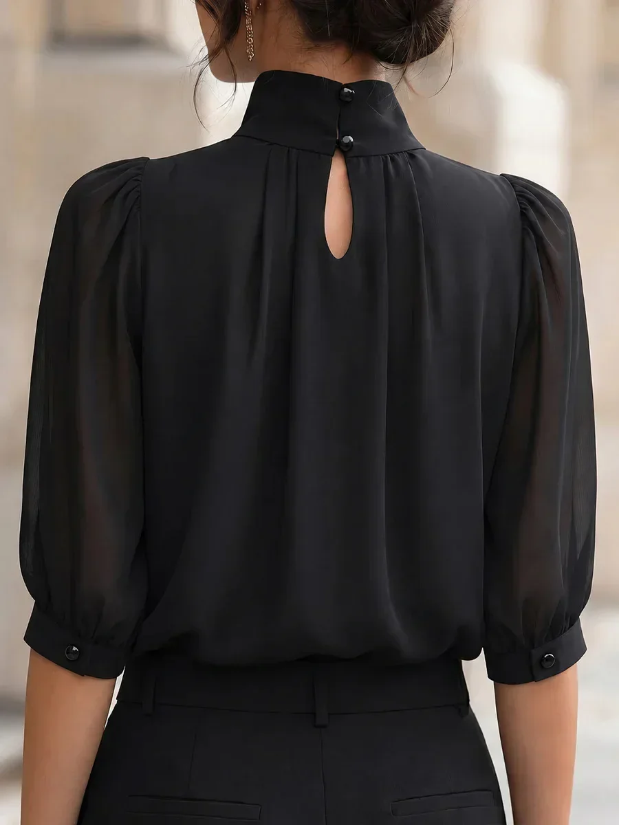 Damen-Bluse mit Stehkragen, Puffärmeln, 3/4-Länge, Falten und Drapierung vorne, aus Chiffon, elegant für Büro und Arbeit, lässige Oberteile für Damen – Detail 5