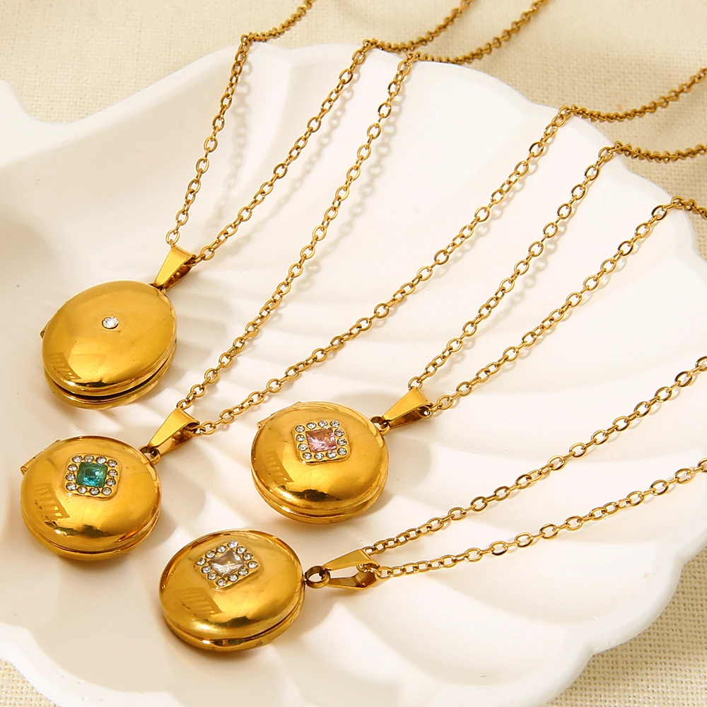 INS Magnetic Geometric Cubic Zirconia Necklace 18K Gold Plated Locket Pendant Stainless Steel Necklace for Women