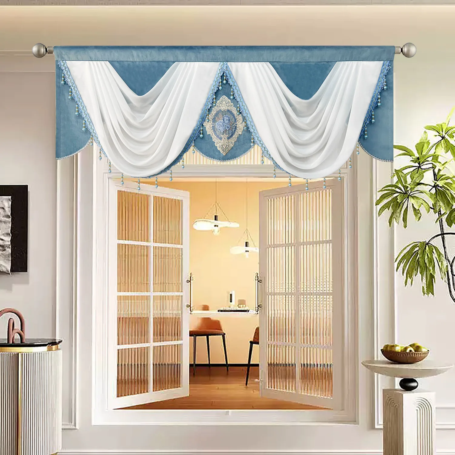 

1Pc,Blue and White Luxury Waterfall Valance Curtain Hanging for Luxury Window Thick Swag with Pendant Beads Window Bedroom Decor