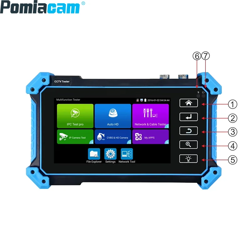 جهاز اختبار الدوائر التلفزيونية المغلقة Pomiacam مقاس 5.4 بوصة، اختبار 8K IP/AHD/TVI/CVI/SDI، مدخل PoE 48 فولت، مدخل HDMI/VGA، جهاز تتبع كابل TDR لتركيب الأمان