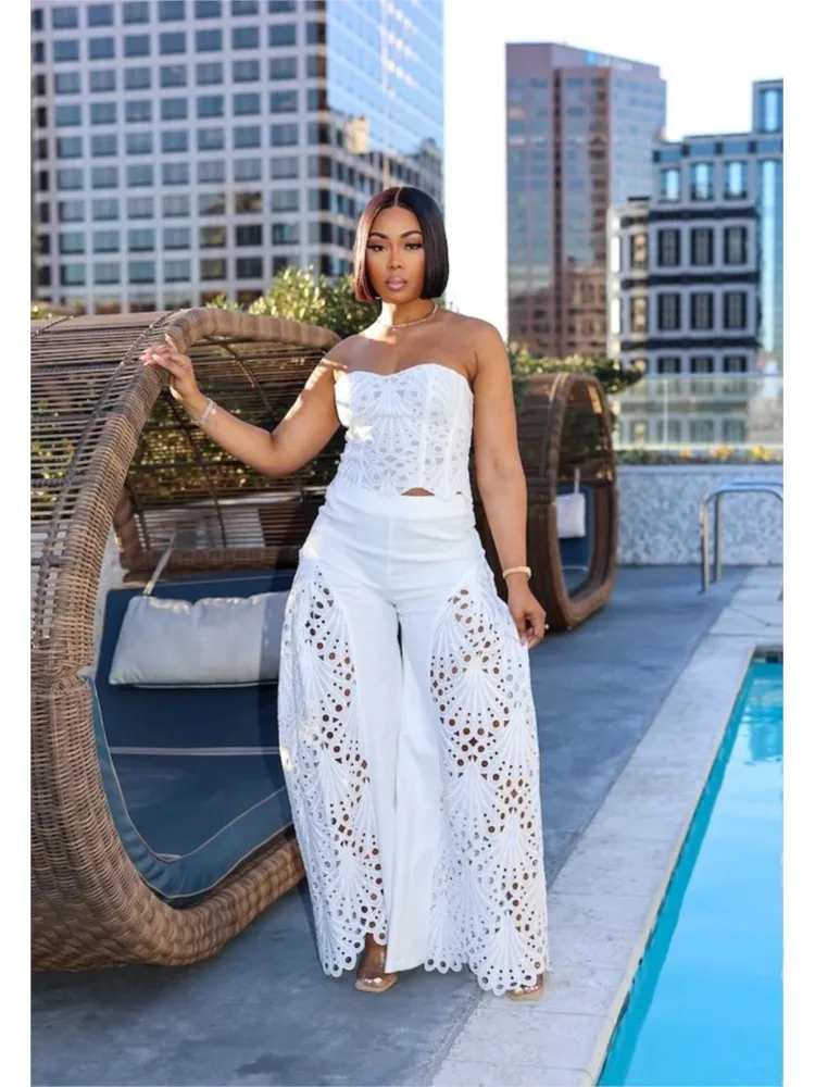 

Hollow Sleeveless Sexy Lace Wide Leg Pants Two-piece Set Women's Short Club Wear Street Fashion Clothing Summer Women's Suit