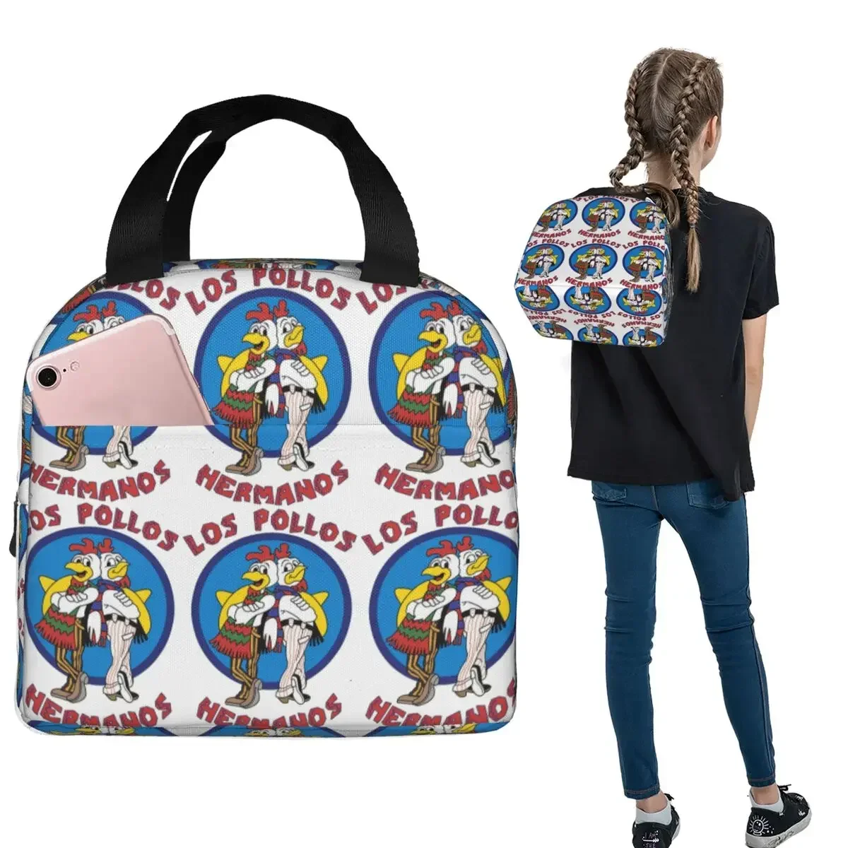 Custom Bib Breaking Bad LOS POLLOS Hermanos Insulated Lunch Bag for Women Children Portable Food Boxes Thermal Lunch Box Tote