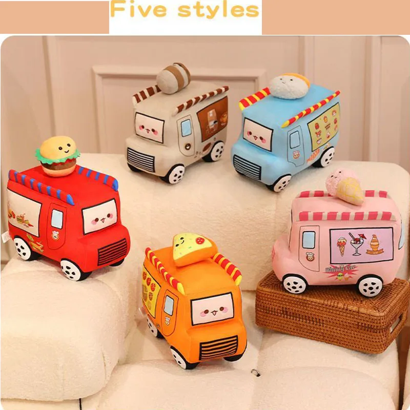 Cute Food Truck Plush Toy Soft Stuffed Car Pillow with Hamburger Pizza Ice Cream Sushi Coffee Design Sweet Stuffed Animal Toy
