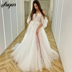 Trouwjurken Fairy Sweetheart Hals Boho Bruid Jurken 3D Bloemen Bladerdeeg Mouw Elegante Bruidsjurken Suknia Ślubna Bruidsjurk