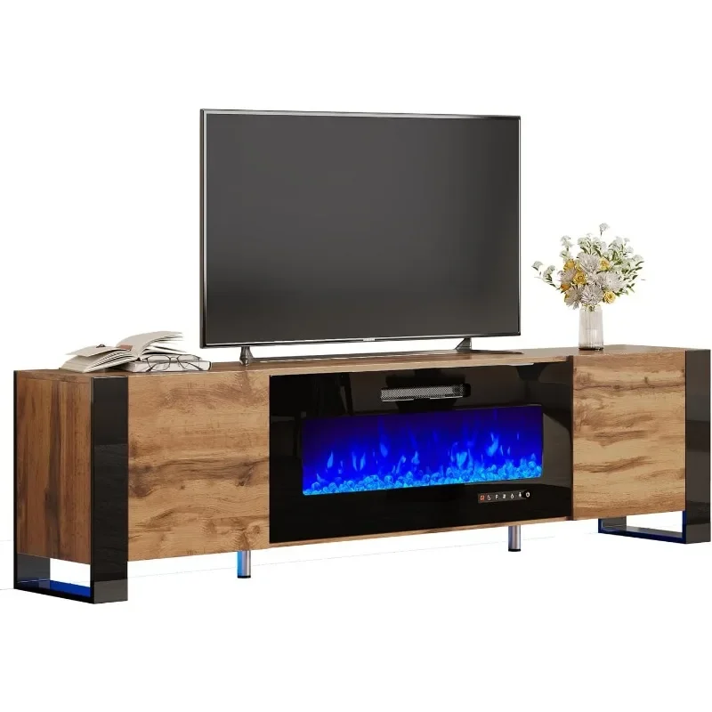 Modern High Gloss Entertainment Center LED Lights, U-Shaped Legs TV Console Cabinet