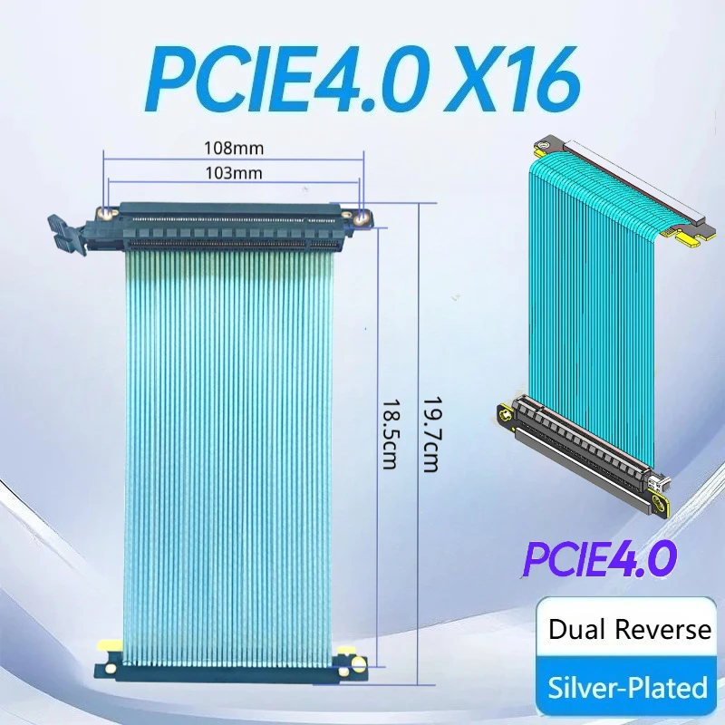 

Extreme PCI Express 4,0 x16 до x16 Gen4, двойной реверсивный удлинительный кабель для видеокарты, Riser Card 185 мм для посеребренного провода ITX