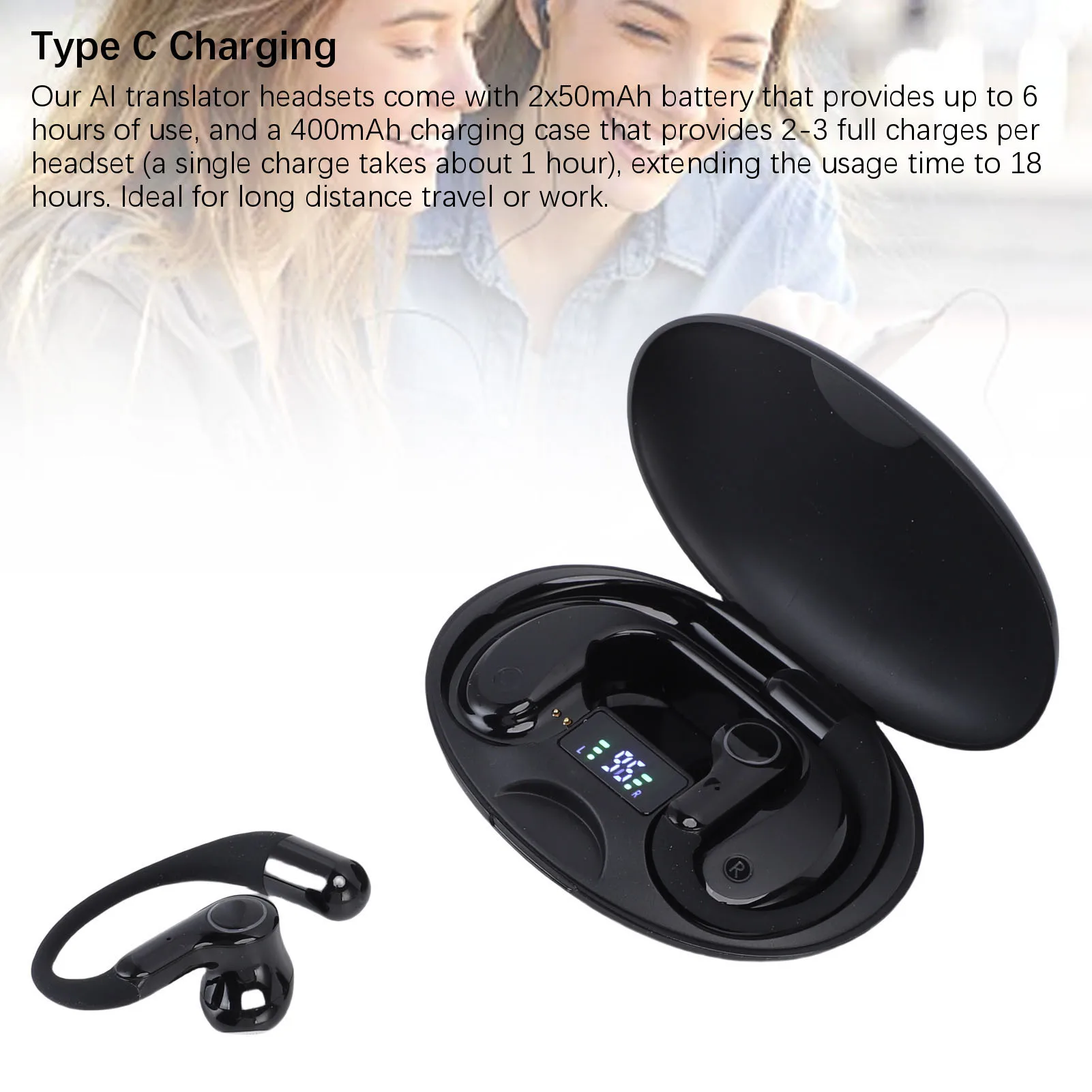 Auricolari traduttore con gancio per l'orecchio Batteria a lunga durata Qualità audio HiFi Auricolari accurati per traduzione linguistica AI Compatti per le aziende