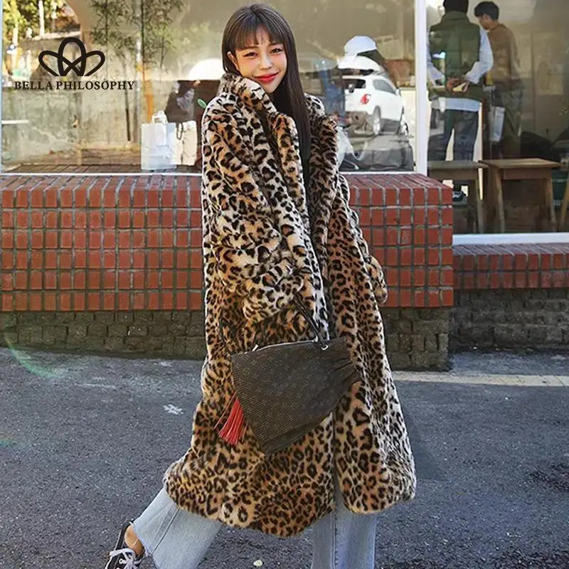 Fashionable All-match Lapel Leopard Print Faux Fur Coat Mid-length Coat Women\'s Long Sleeve