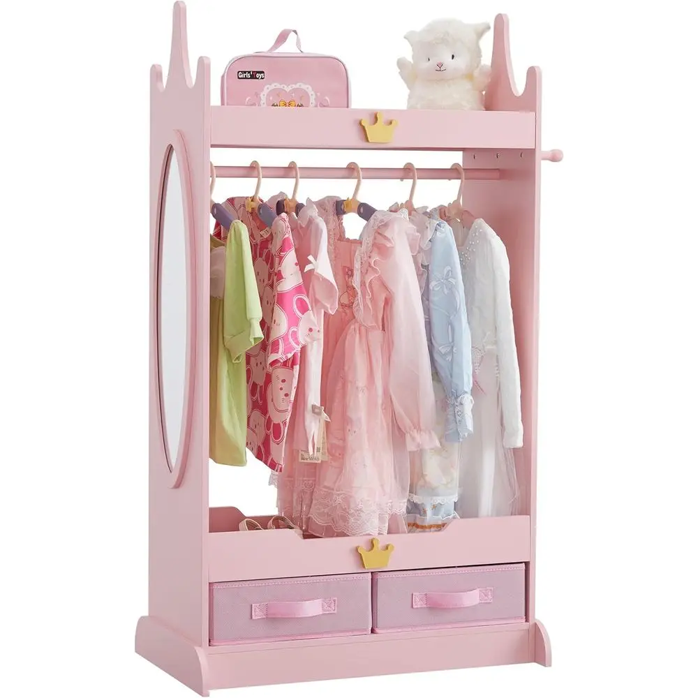 

Children's Mirrored Storage Cabinet, Kids' Non-Woven Armoire, Open Wardrobe with Hanging Rack for Toddlers (Pink)