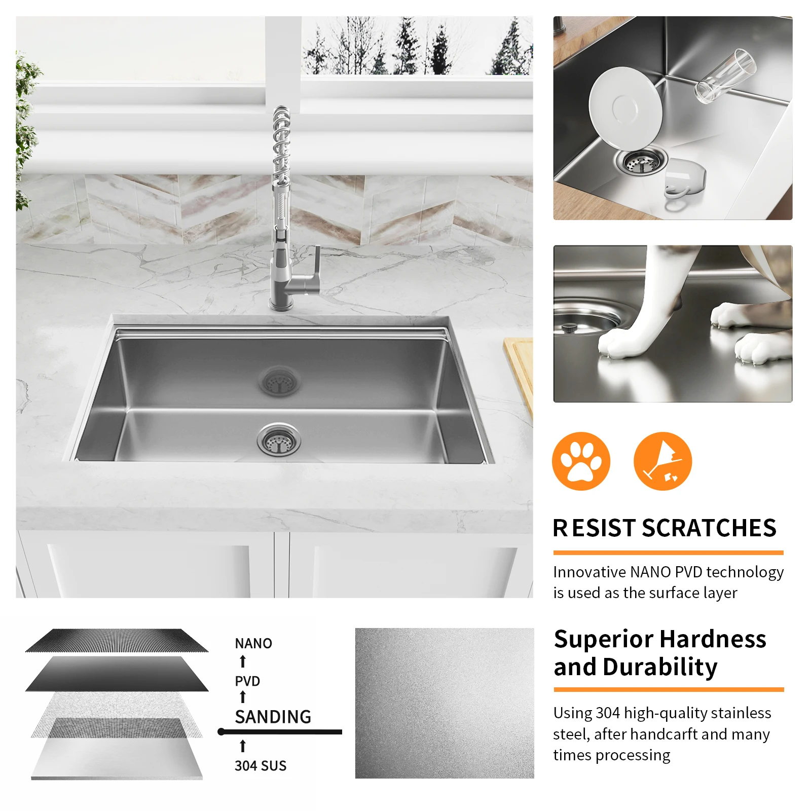 Évier de cuisine en acier inoxydable 304, poste de travail sous plan de 33 pouces des États-Unis, livraison gratuite