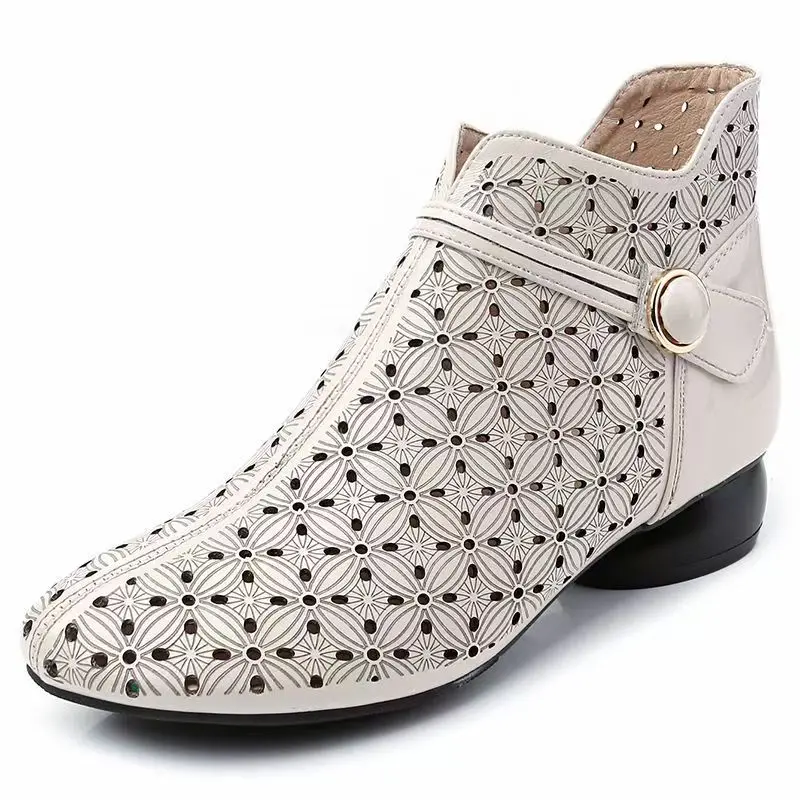 2026 New Women Genuine Leather Big size Cool Boots Low Heel Round Toe Hollow Out High Quality Spring Summer Zippers Ankle Boots