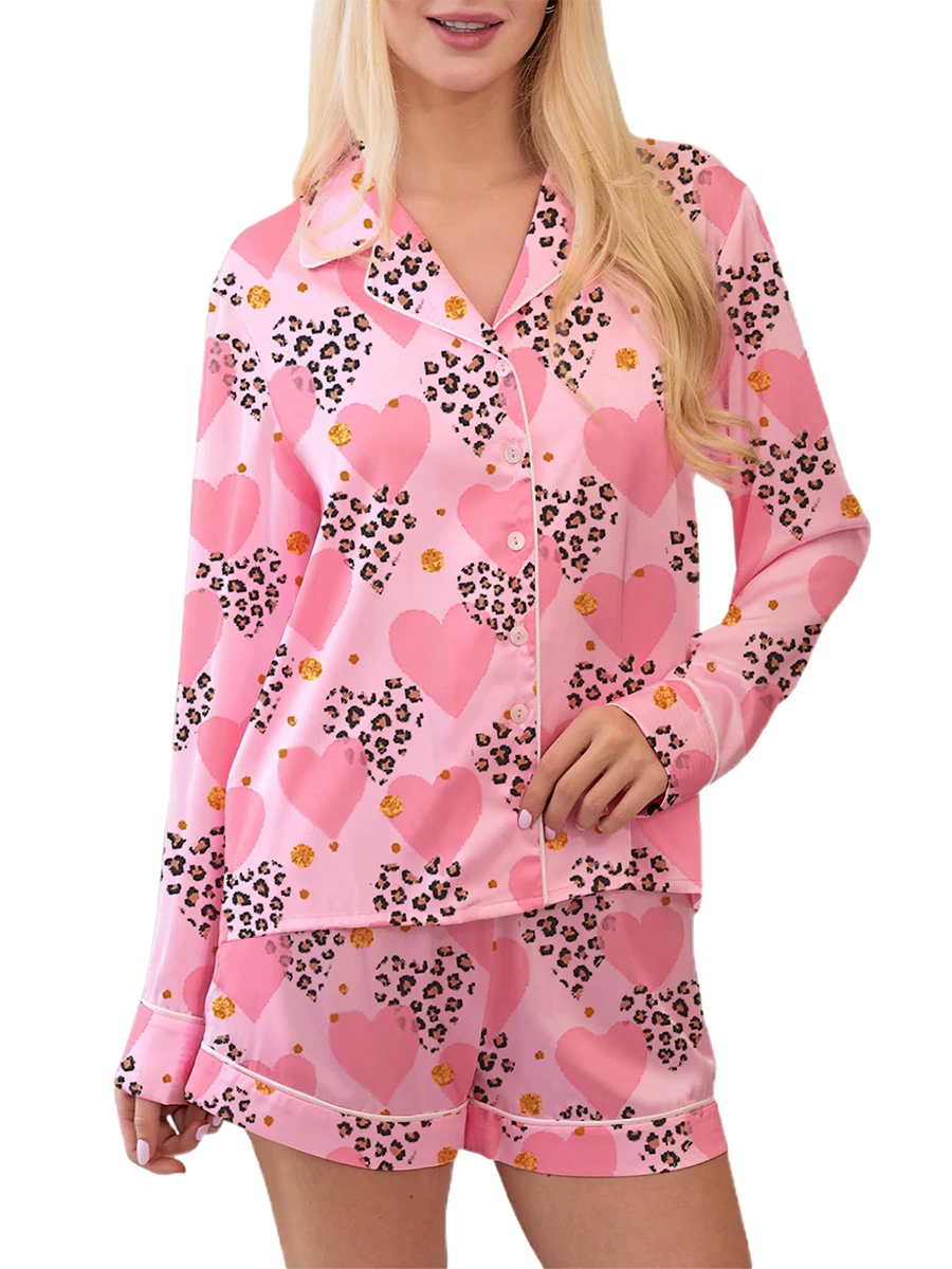 Women s Valentine s Day Lounge Set Long Sleeve Heart Print Shirt Shorts Sleepwear