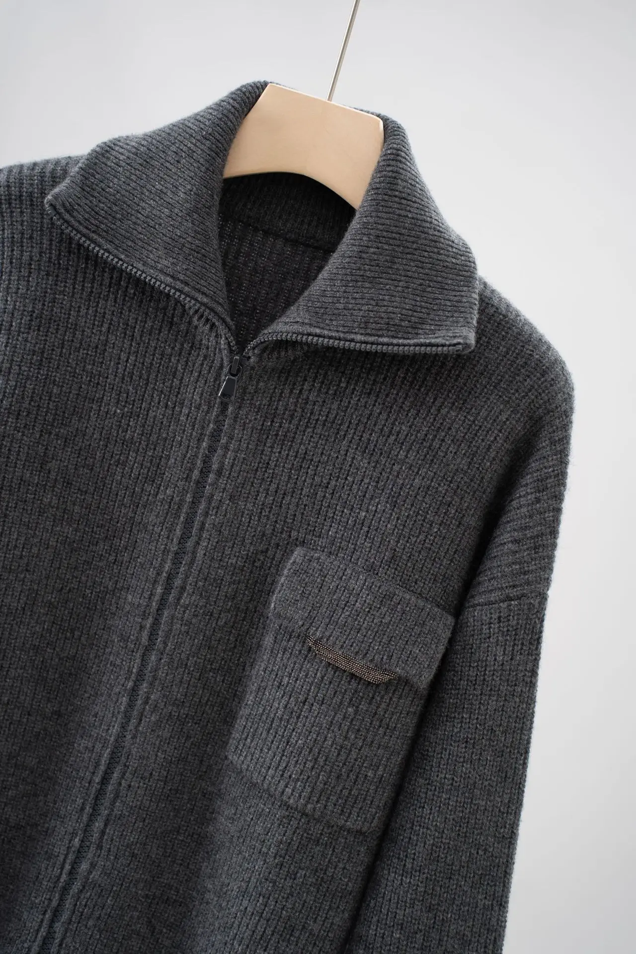 秋冬新作カシミヤウールジッパーラペルスパンコールセーターポケットカジュアルオールマッチニットカーディガン女性用