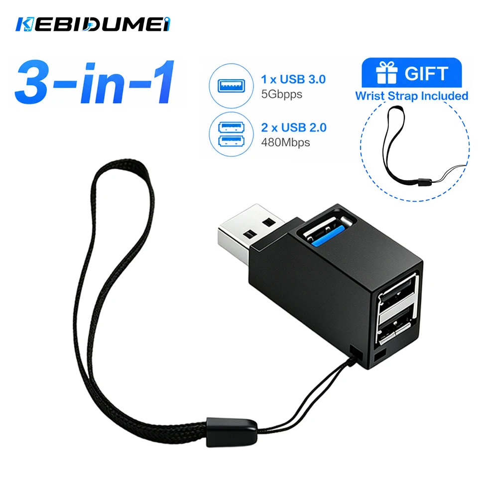 KEBIDUMEI USB 3.0 Hub 5Gbps High Speed USB Splitter 3 Ports USB Hub Adapter for PC Laptop U Disk Card Reader Keyboard Mouse