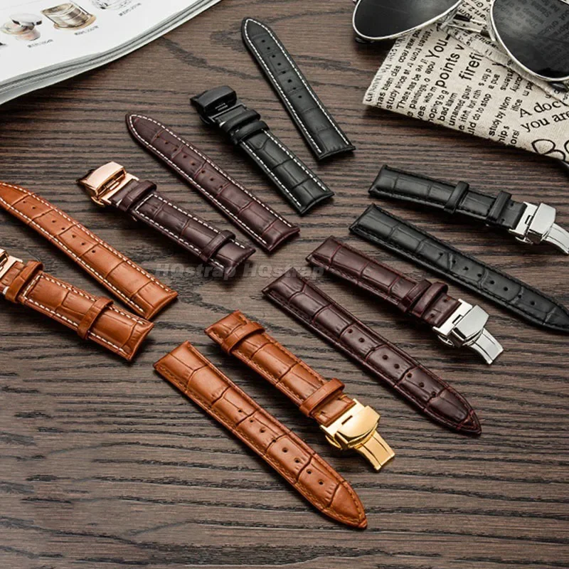 حزام من الجلد الطبيعي 18 مللي متر 20 مللي متر 22 مللي متر 24 مللي متر حزام الساعات مقاوم للماء مع صندوق فراشة مشبك Breacelet لسوار المعصم العالمي Seiko