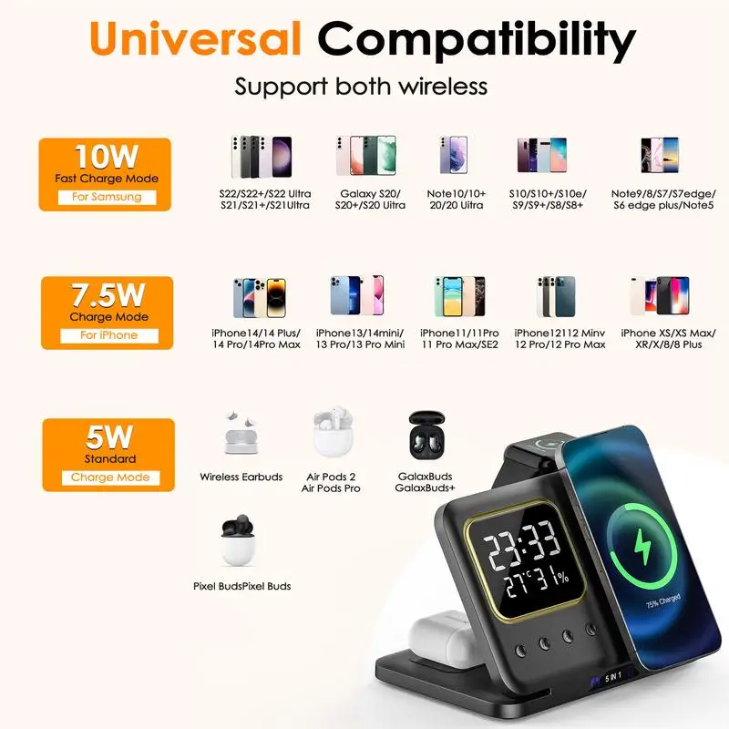 5 In 1 Wireless Charger Station Multifunction 15W Fast Charging Mobile Phone Stand Creative Alarm Clock For Home Room Office