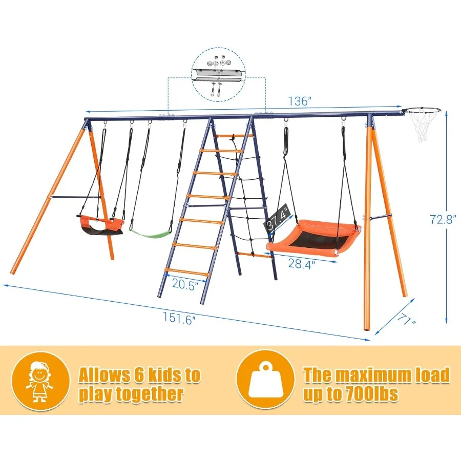 Schaukelsets für den Hinterhof, 700 lbs, 6-in-1-Multifunktions-Schaukelset für den Außenbereich, für Spielplatz, größerer, robuster Metall-Schaukelständer mit