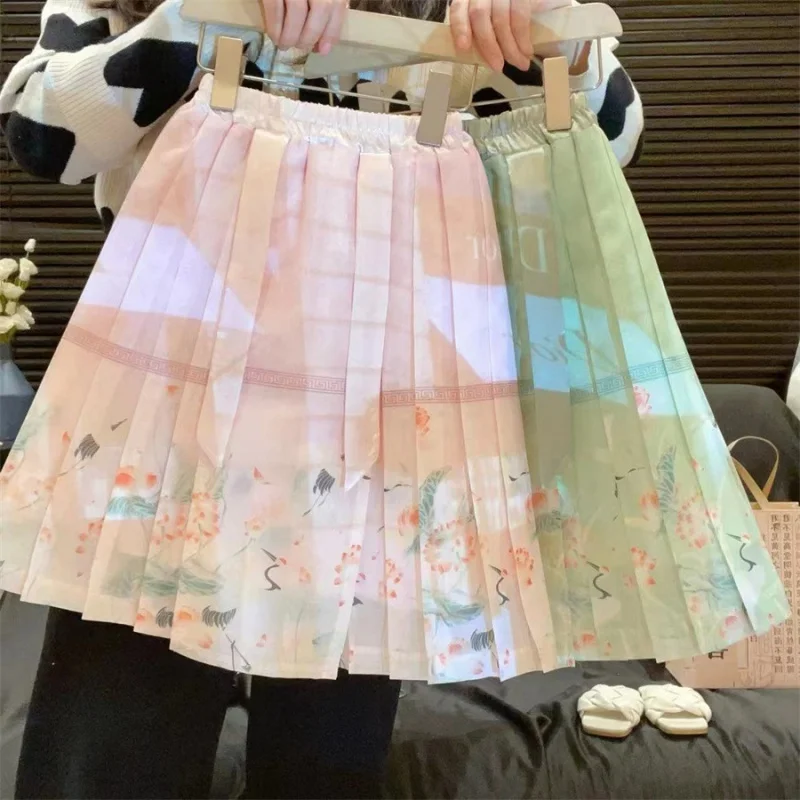 New Chinese Style Girl's Chinese Style Maxi Skirt Skirt2024New Umbrella Skirt Pleated Children Skirt-WSNY