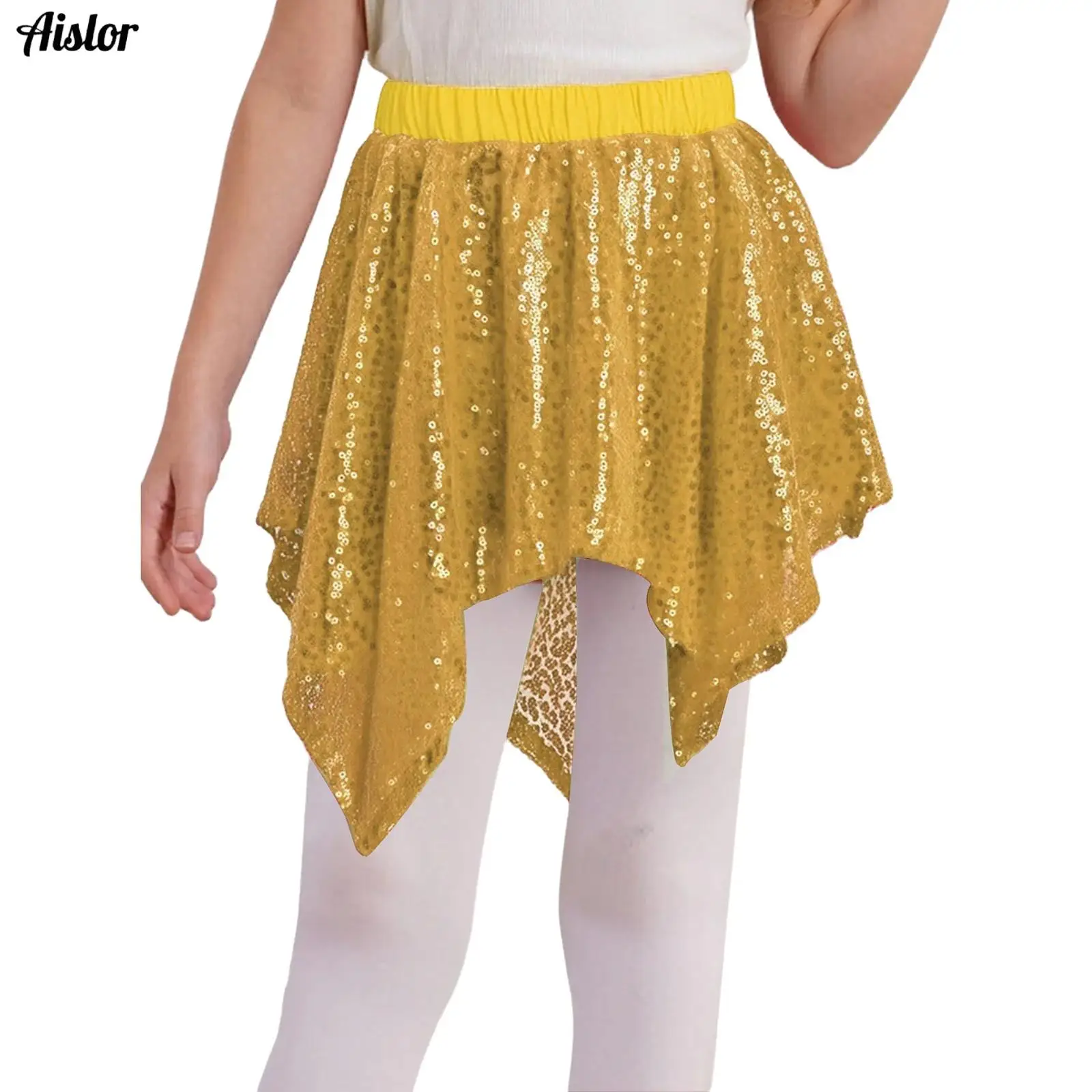 

Детская танцевальная юбка для черлидинга для девочек, блестящие блестки, эластичный пояс, юбка с неровным подолом и встроенными шортами для выступлений