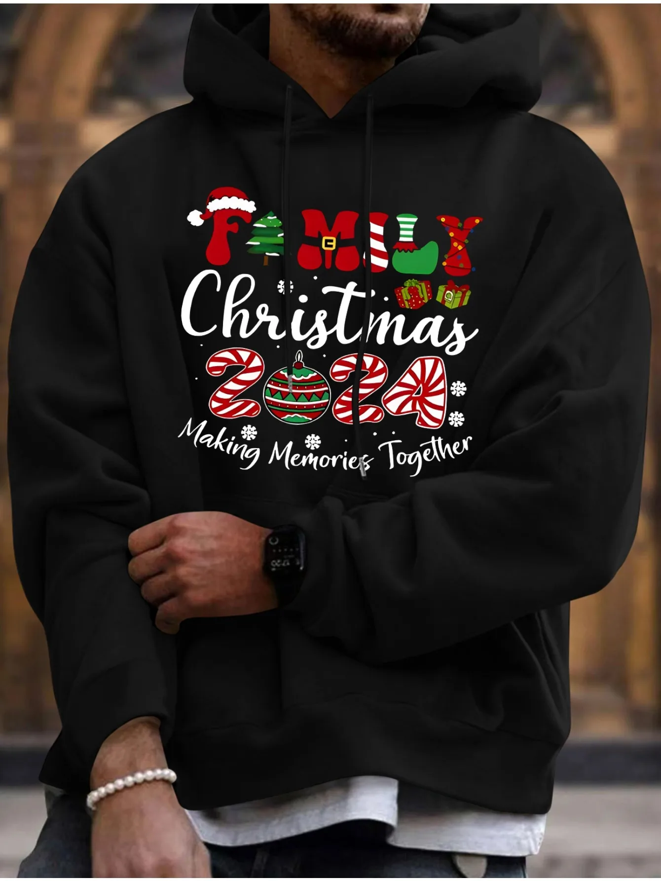 قم بإنشاء ذكريات معًا في طباعة عيد الميلاد، وبلوزات رجالية كاجوال ومريحة بغطاء للرأس