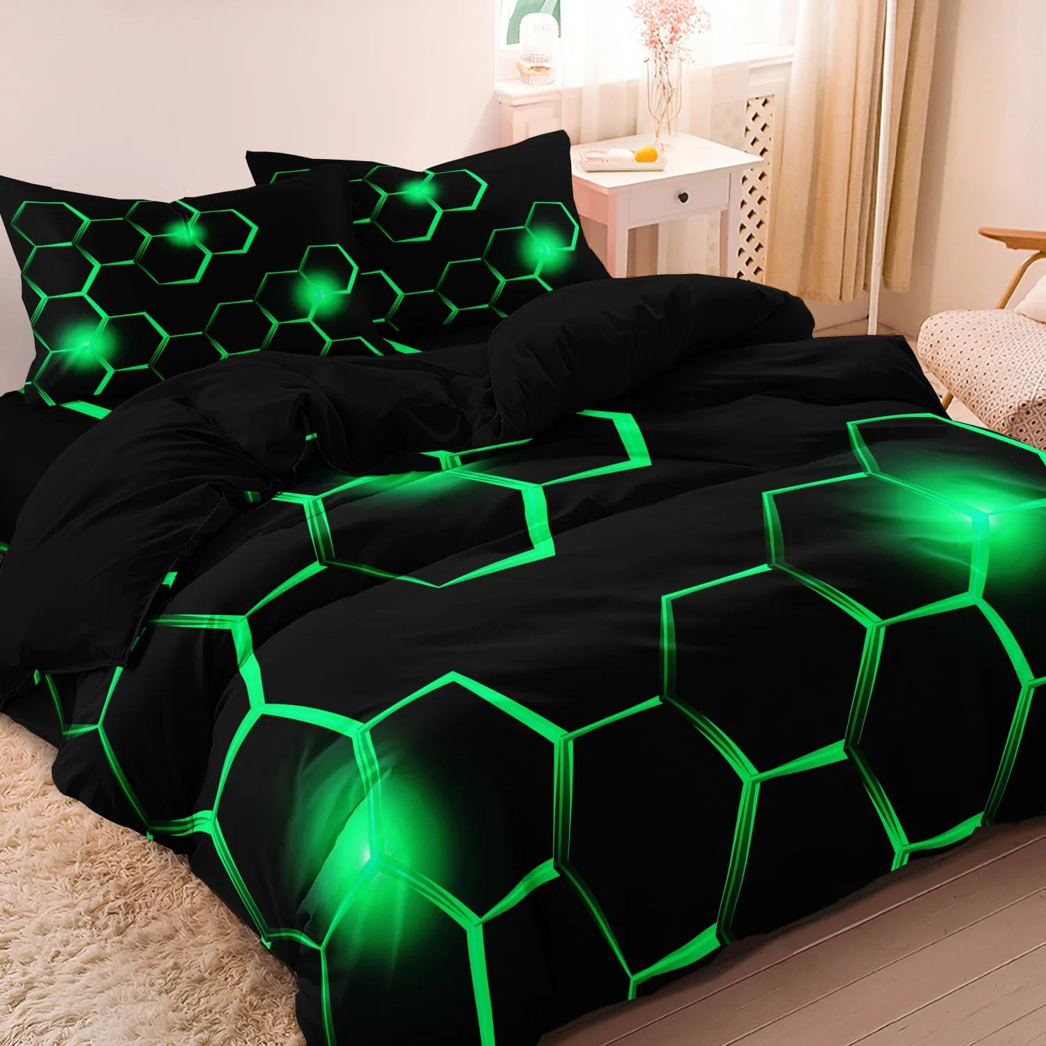 Juego de funda nórdica con estampado hexagonal negro y verde de 3 piezas, ropa de cama geométrica, para dormitorio y habitación de invitados, 1 funda nórdica y 2 fundas de almohada
