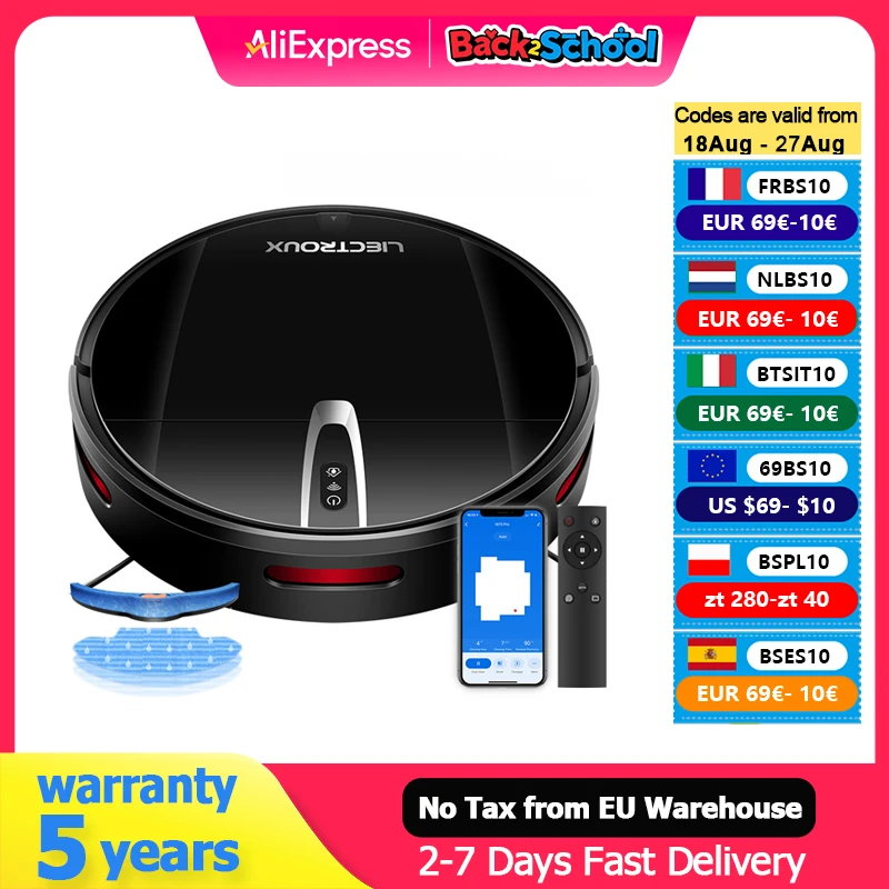 LIECTROUX V3S PRO Robot Aspirapolvere, Combo di pulizia a secco e a umido, Mappatura intelligente, App WiFi, Aspirazione da 4KPa, Motore senza spazzole, Funziona con Alexa e Google Assistant, Ideale