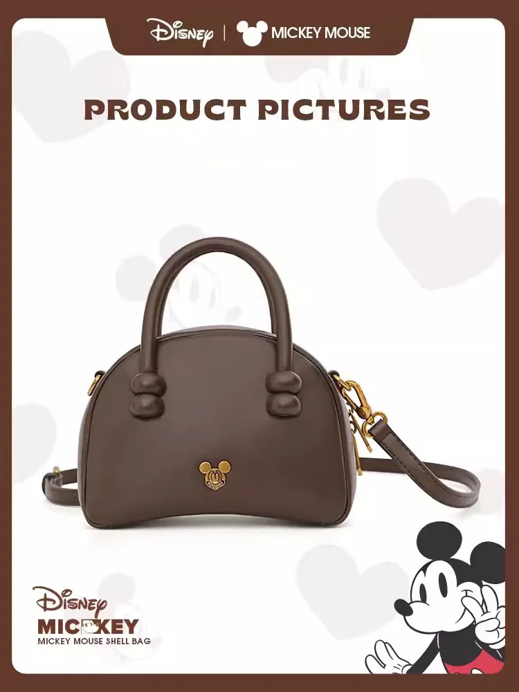 Disney Retro Handbag Cartoon Mickey Badge Crossbody Bag Advanced PU Leather Solid Color Commuting Mini Women Shell Bag