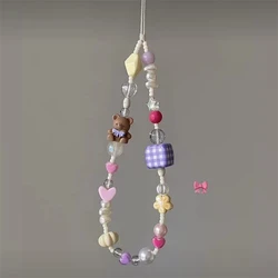 Korean Cute 3D Bear Flower Heart Beaded Phone Chain Charm Lanyard For iPhone 15 14 Samsung Universal Accessories Jewelry Pendant