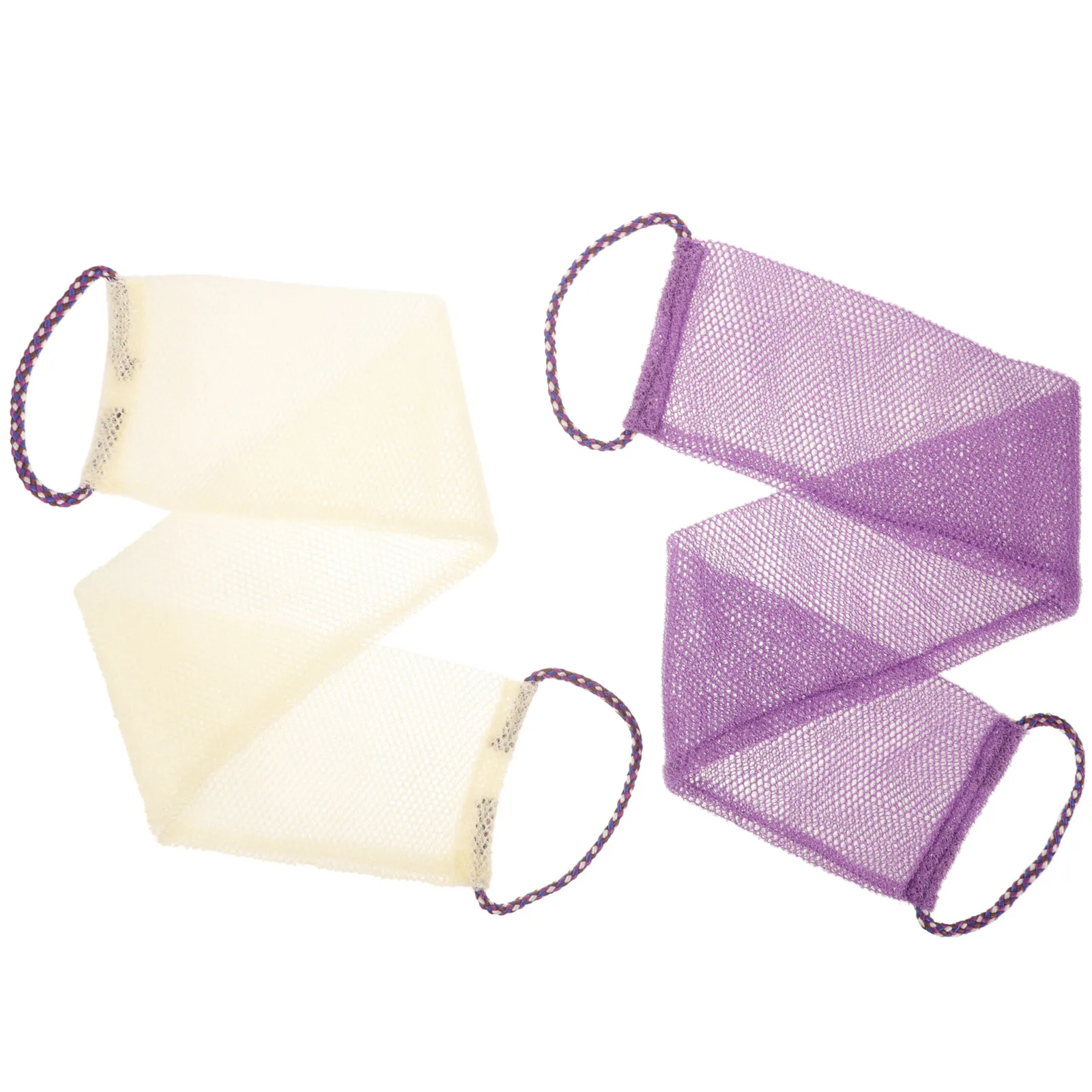 

2pcs Purple White Bath Towels Exfoliating Shower Body Scrubbers Back Massager for Men Women Portable Safe Elastic Bathing