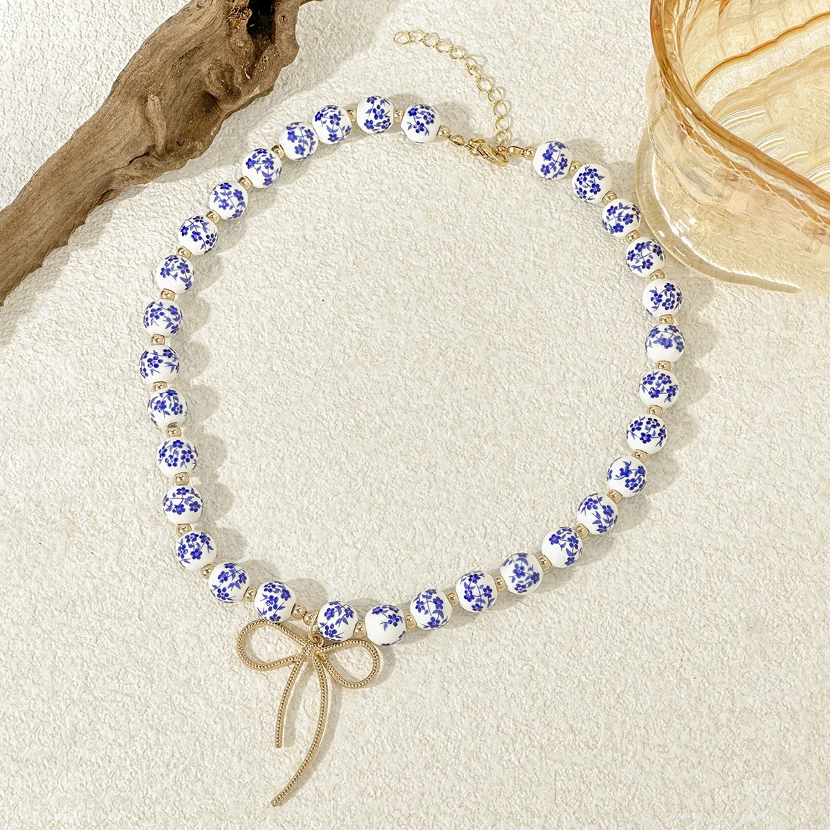 Elegant Blue and White Porcelain Ceramic Pendant Necklace for Women Vintage Gold Plated Bow Necklaces Statement Jewelry Gift