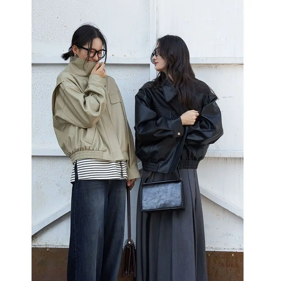 2024 Autumn Leather Jacket Women Oversize Loose Fit Drop Shoulder Short Coat Casual Fashion Trendy Outerwear Tops