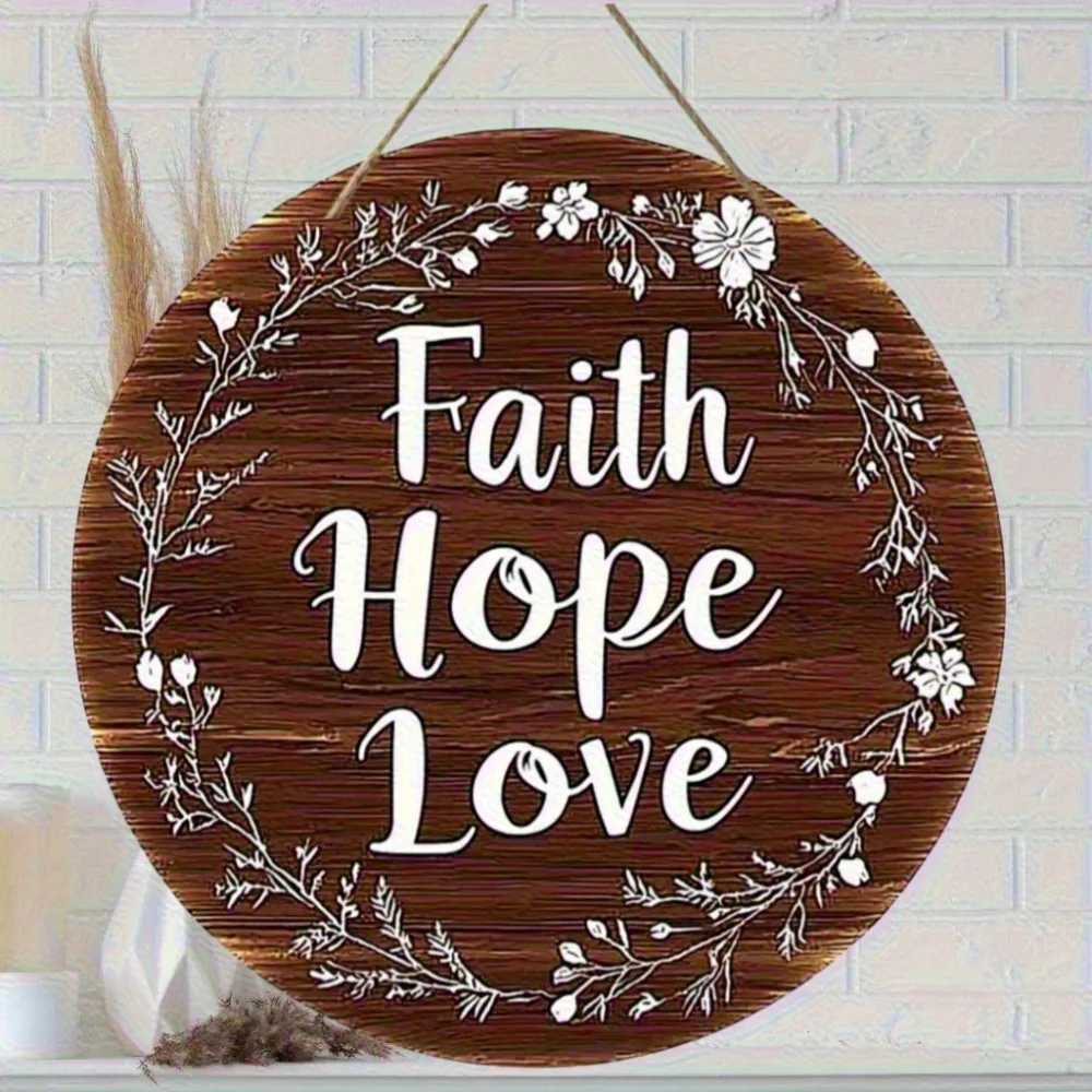 2D Flat, 8 Inch Round Artificial Wood Sign, Faith Hope Love Floral Wreath, Church Home Cafe Decor, Wedding Mother's Day Gift