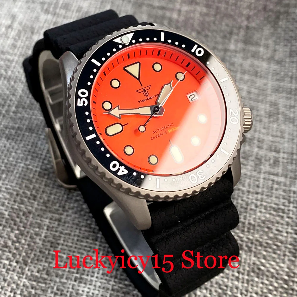 Tandorio 41MM Titanium Watch Diver 200M Waterproof NH35A Automatic Men Watch Orange Dial Luminous Sapphire Glass Rubber Strap