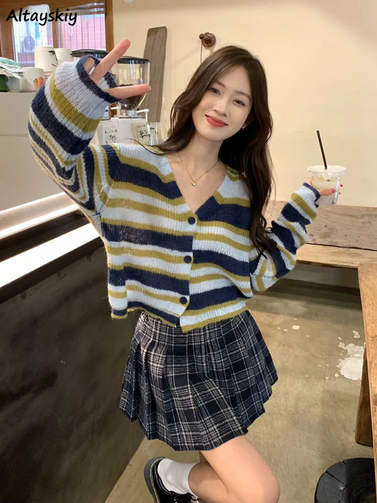 

Autumn Panelled Striped Cardigans Women Cropped V-neck Sweet Tender Korean Style Thin New Arrival Knitted Chic Ins Casual preppy