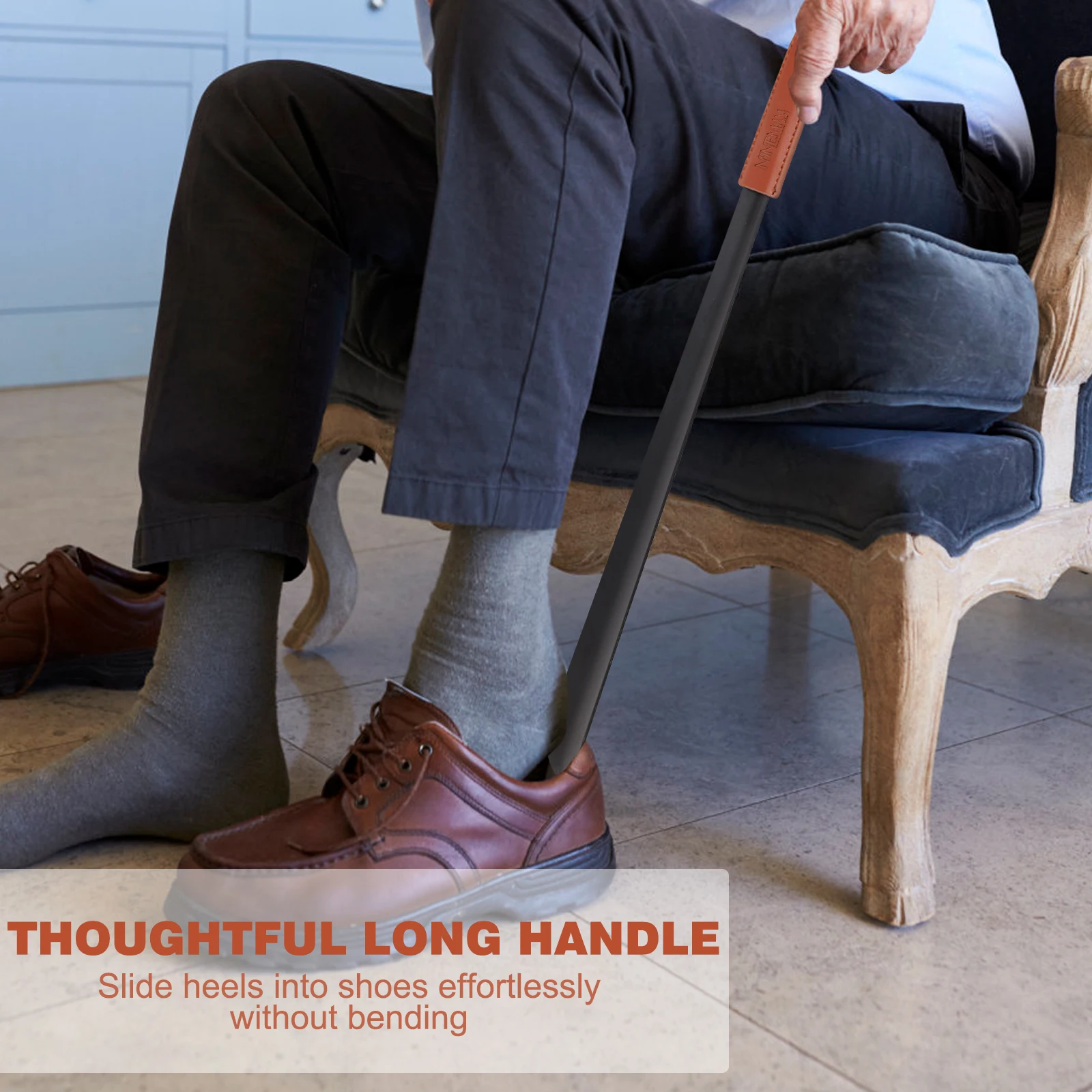 

NINEMAX 16,5 "металлический рожок для обуви, удлиненная ручка с кожаной ручкой, длинный рожок для обуви для пожилых людей, мужчин, женщин, детей, аксессуары для обуви