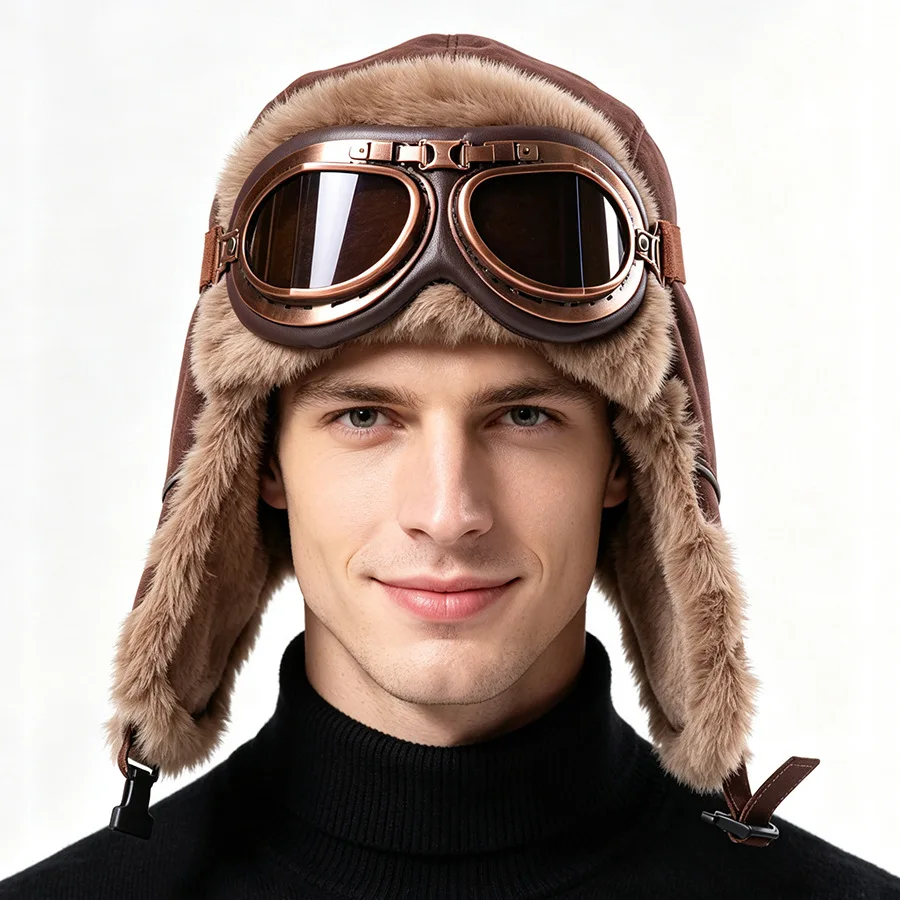 Vintage Aviator Hat with Goggles Thick Warm Lined Windproof Pilot Cap Trooper Trapper Hat for Men Women Winter Cycling Skiing
