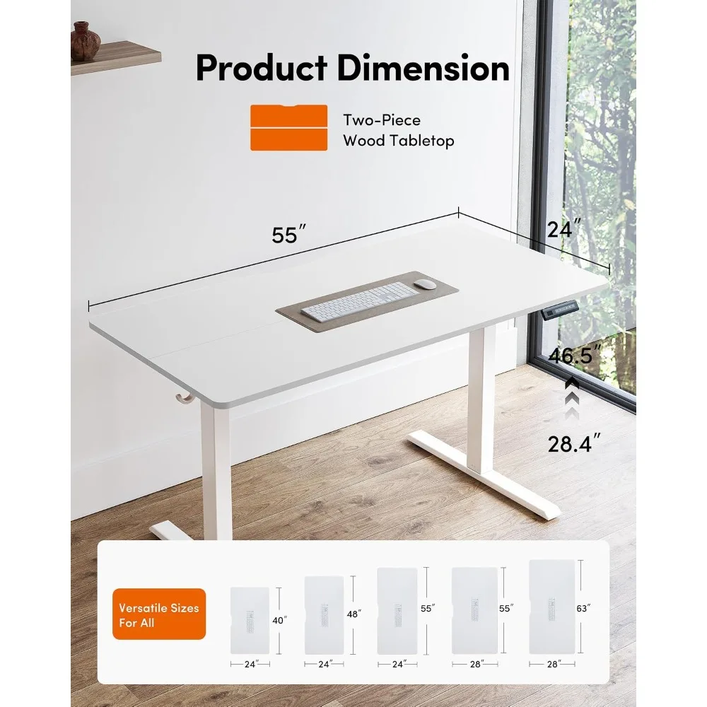 55x24 Electric Standing Desk, Height Adjustable Sit Stand Computer Desk with Splice Board, White