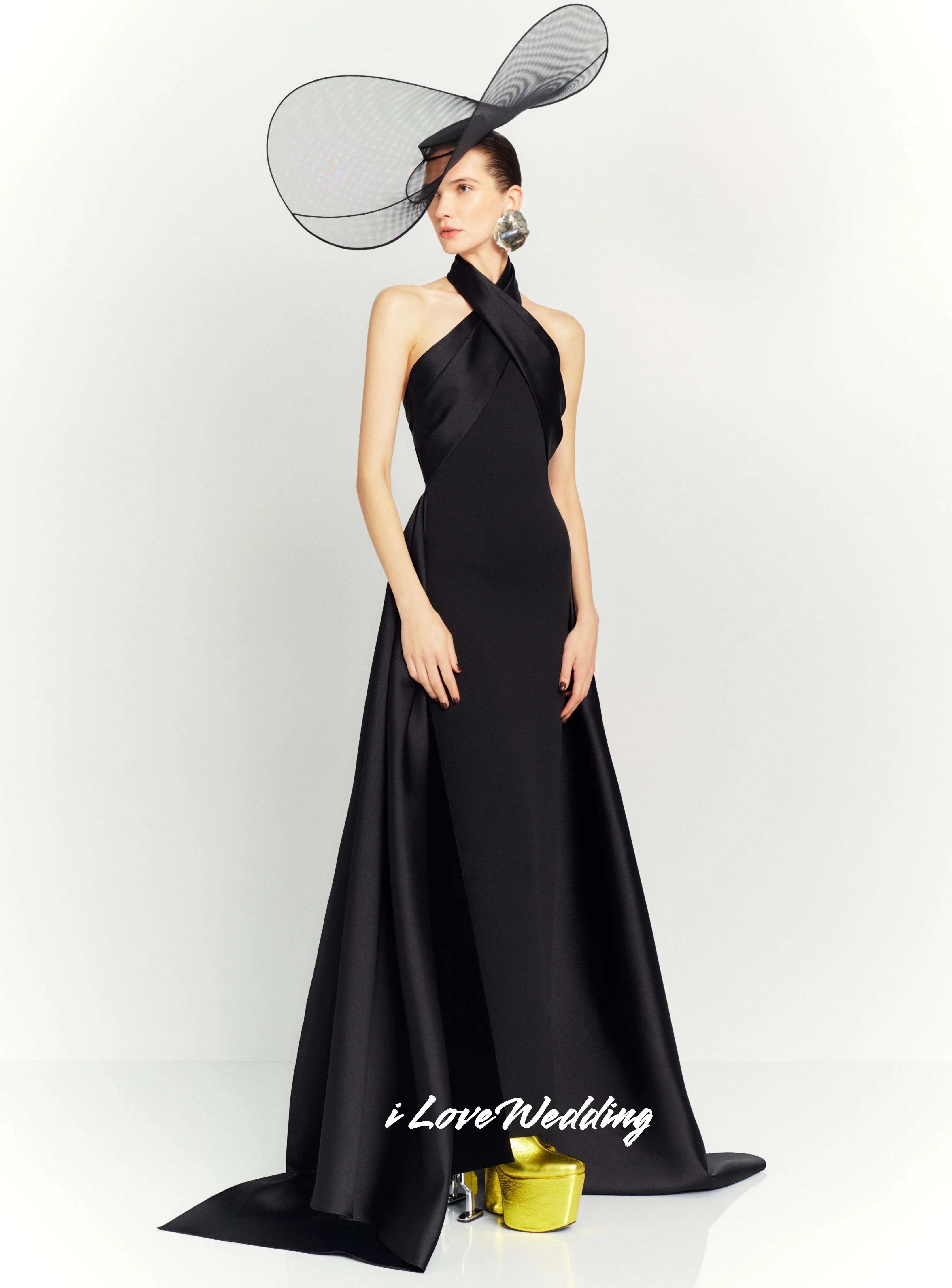 

Black Halter Evening Dress 2025 Sleeveless Sheath not Gloves Ankle Length Split Sweep Train Pleat Wedding Party Dress Customized