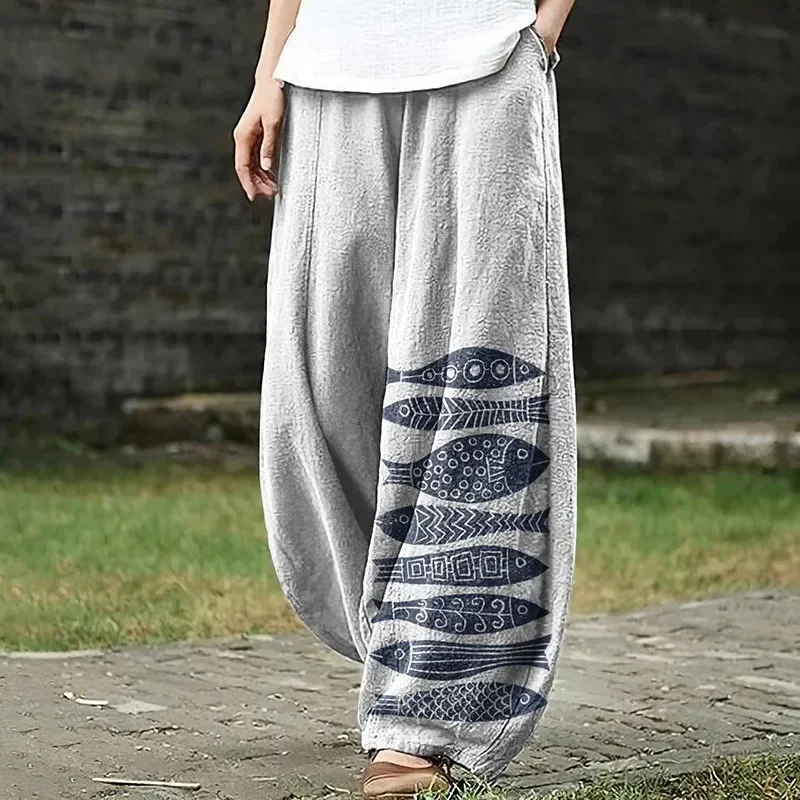 

Women's Japanese Art Fish Pocket Loose Casual Pants Harajuku Sakura Baggy Lantern Trousers Elegent Boho Pants Pure Casual Pants